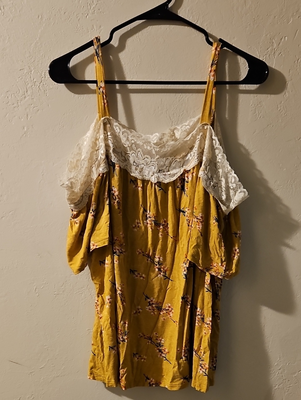 Mustard Yellow Floral Lace-Trim Cold-Shoulder Cami